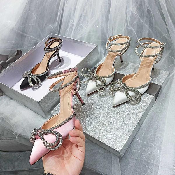 sandals runway style glitter rhinestones women pumps crystal bowknot satin summer lady shoes genuine leather high heels party prom, Black